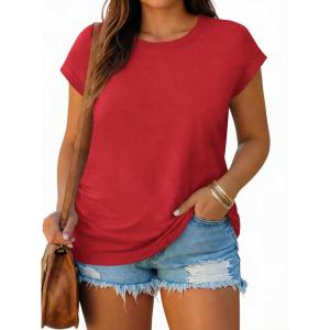 Beautife Womens Plus Size T Shirts Cap Short Sleeve Ruched Summer Tops Casual Crew Neck Loose Fit Tee Shirts(Red)
