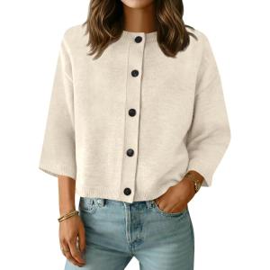 Saodimallsu Womens Short Sleeve Cardigan Sweaters Crew Neck Button Down Lightweight Casual Summer Knit Tops(Apricot)