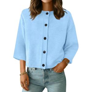 Saodimallsu Womens Short Sleeve Cardigan Sweaters Crew Neck Button Down Lightweight Casual Summer Knit Tops(Blue)