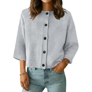 Saodimallsu Womens Short Sleeve Cardigan Sweaters Crew Neck Button Down Lightweight Casual Summer Knit Tops(Light Gray)