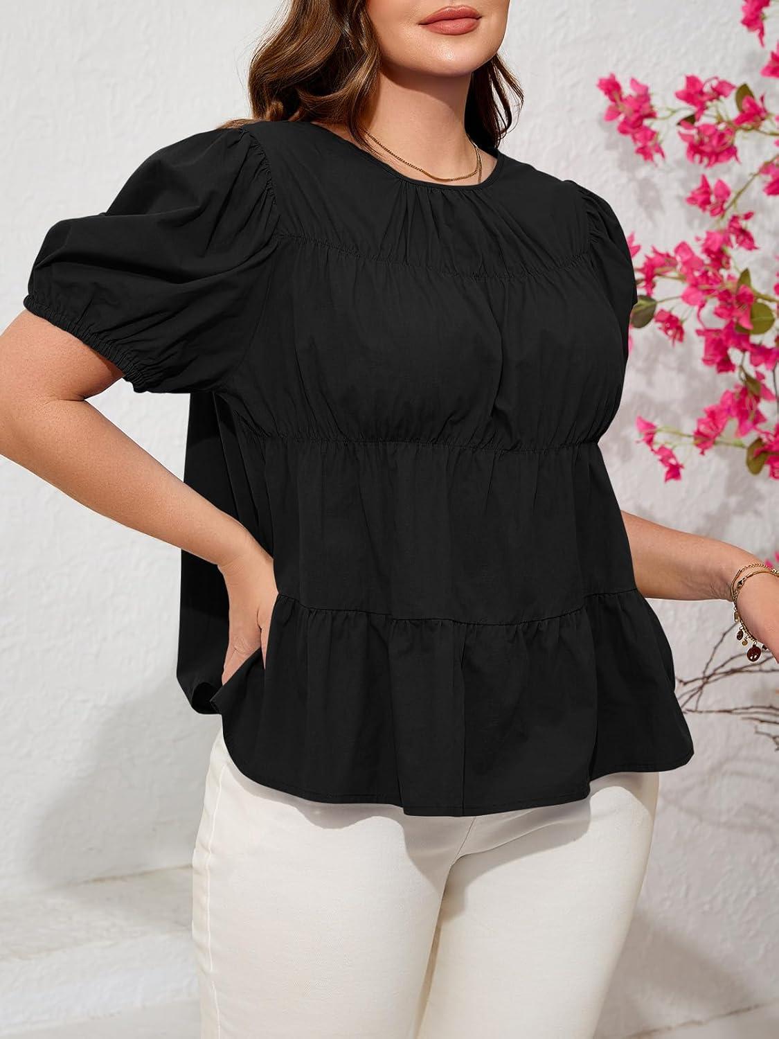 image:imageBeautife Womens Plus Size Peplum Babydoll Tops Puff Short Sleeve Smoked Pleated Crew Neck Flowy Cotton Blouse ShirtsBlack