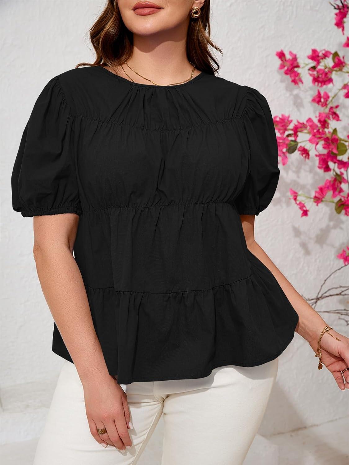 image:imageBeautife Womens Plus Size Peplum Babydoll Tops Puff Short Sleeve Smoked Pleated Crew Neck Flowy Cotton Blouse ShirtsBlack