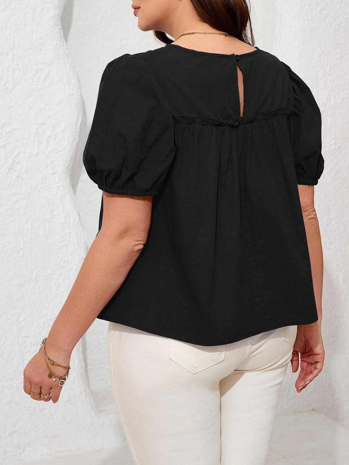 image:imageBeautife Womens Plus Size Peplum Babydoll Tops Puff Short Sleeve Smoked Pleated Crew Neck Flowy Cotton Blouse ShirtsBlack