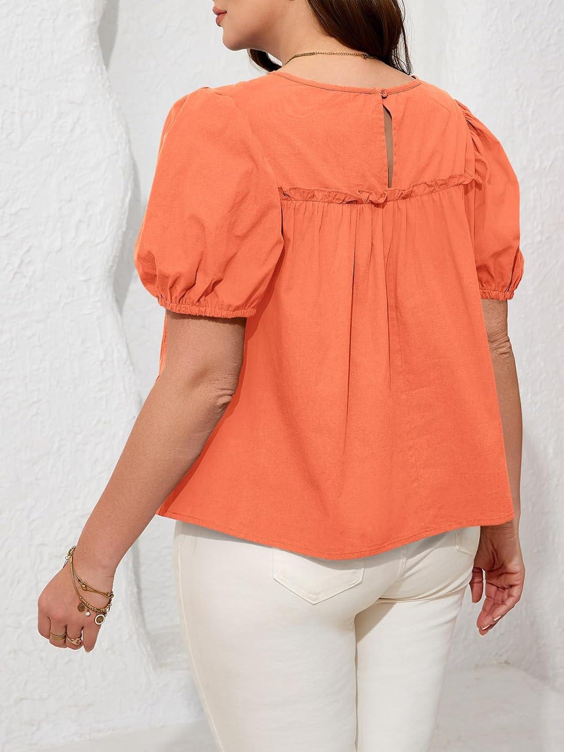 image:imageBeautife Womens Plus Size Peplum Babydoll Tops Puff Short Sleeve Smoked Pleated Crew Neck Flowy Cotton Blouse ShirtsOrange