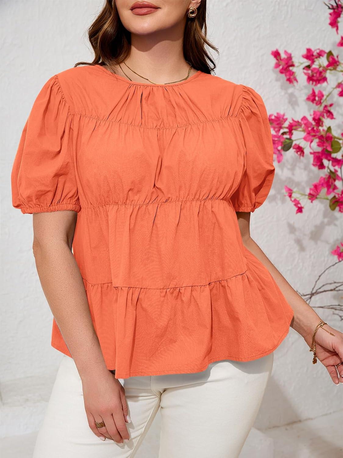 image:imageBeautife Womens Plus Size Peplum Babydoll Tops Puff Short Sleeve Smoked Pleated Crew Neck Flowy Cotton Blouse ShirtsOrange