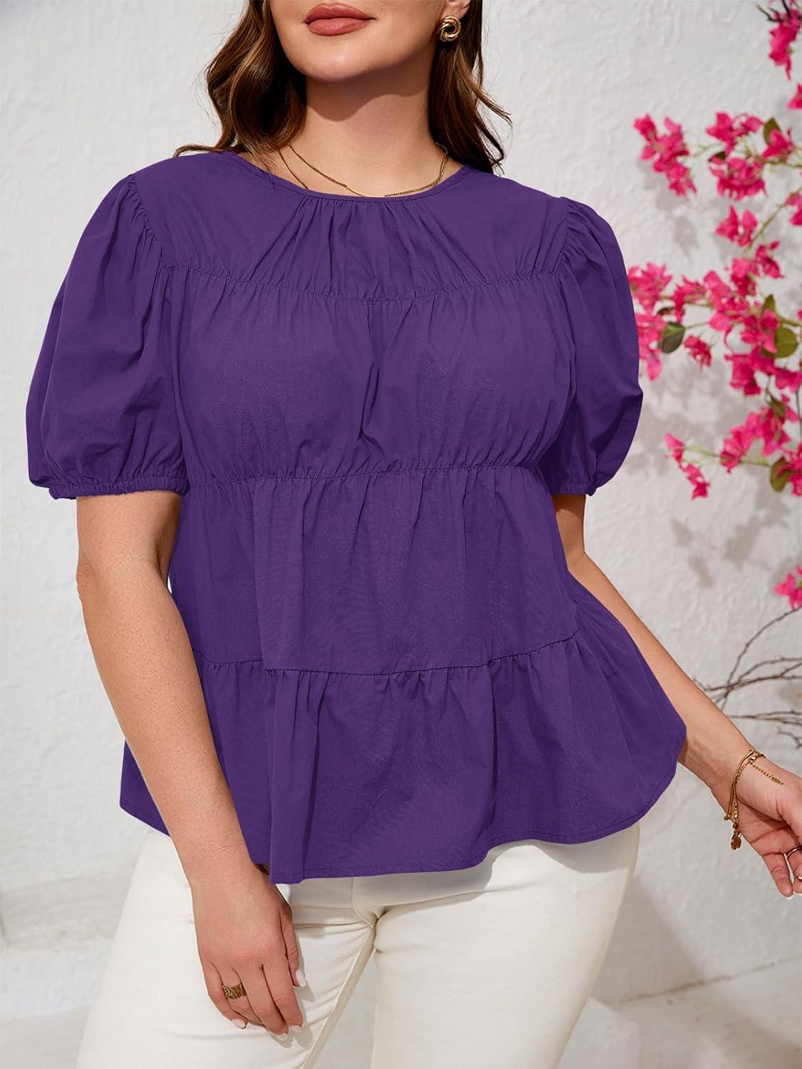 image:imageBeautife Womens Plus Size Peplum Babydoll Tops Puff Short Sleeve Smoked Pleated Crew Neck Flowy Cotton Blouse ShirtsPurple