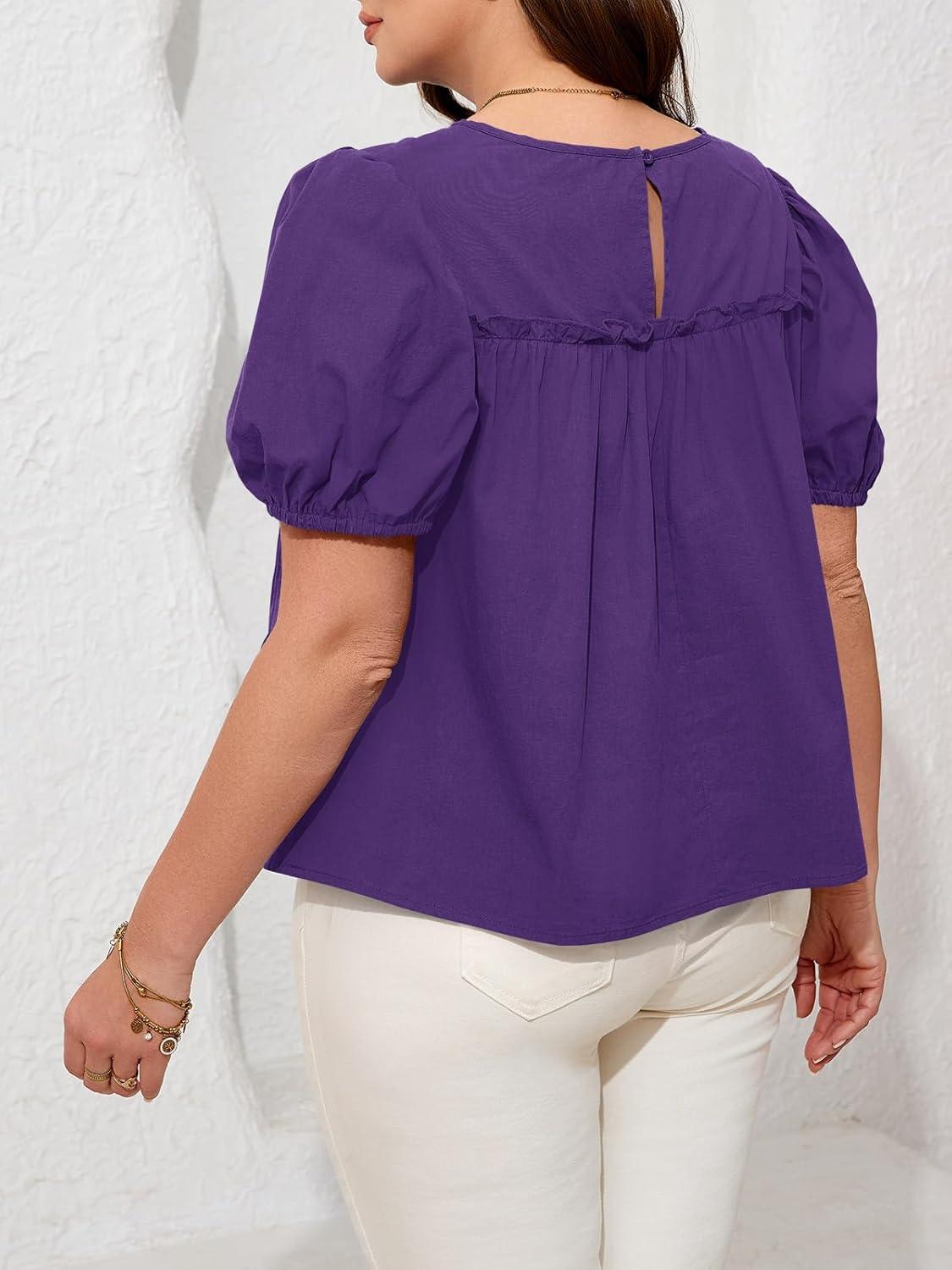 image:imageBeautife Womens Plus Size Peplum Babydoll Tops Puff Short Sleeve Smoked Pleated Crew Neck Flowy Cotton Blouse ShirtsPurple