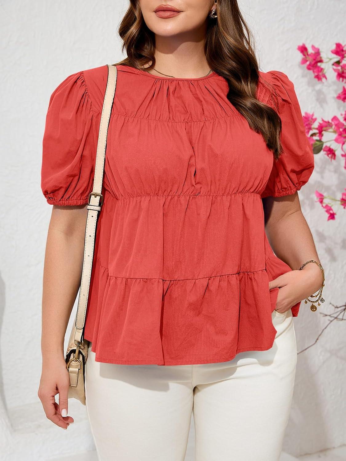image:imageBeautife Womens Plus Size Peplum Babydoll Tops Puff Short Sleeve Smoked Pleated Crew Neck Flowy Cotton Blouse ShirtsRed