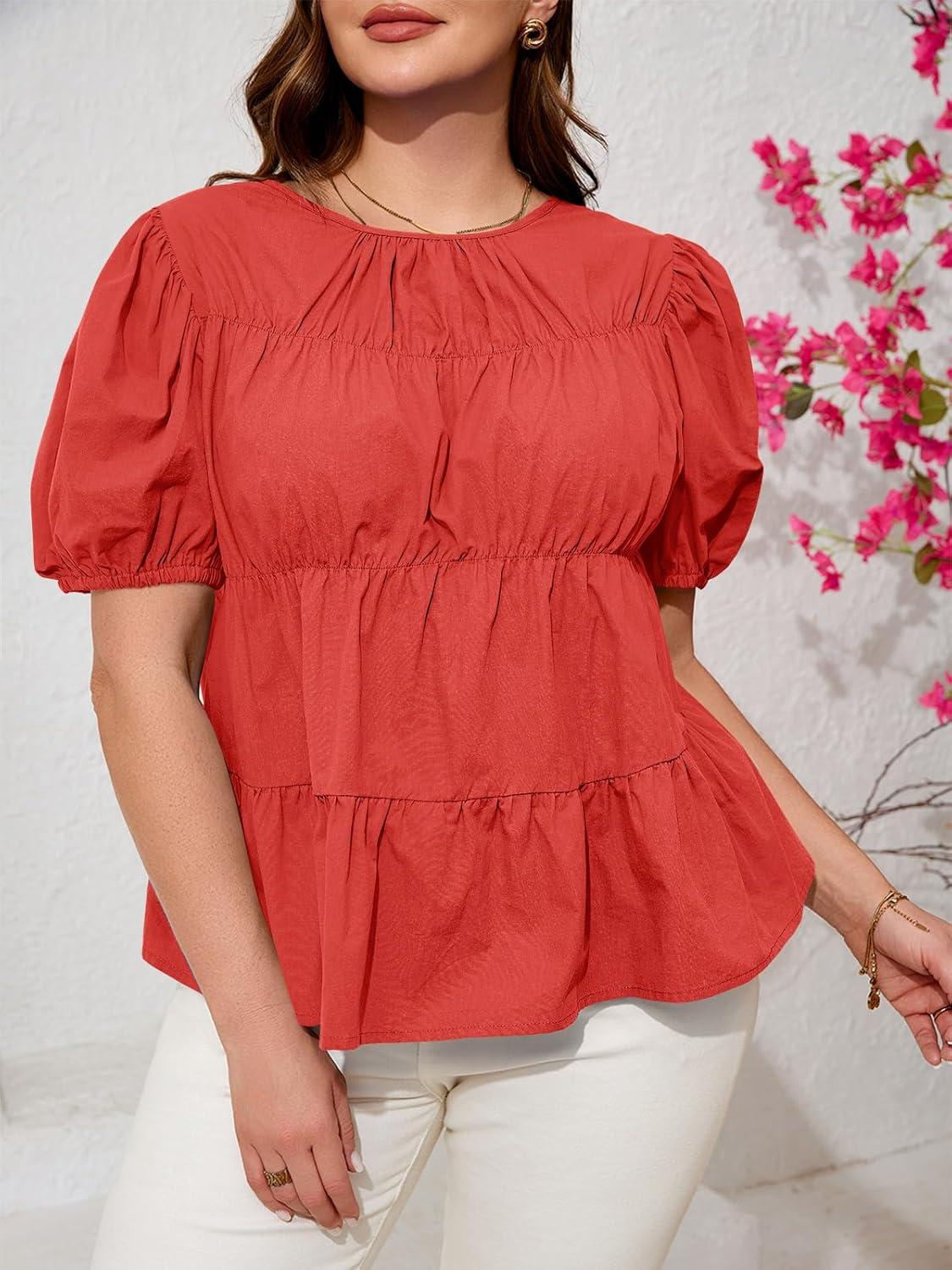 image:imageBeautife Womens Plus Size Peplum Babydoll Tops Puff Short Sleeve Smoked Pleated Crew Neck Flowy Cotton Blouse ShirtsRed