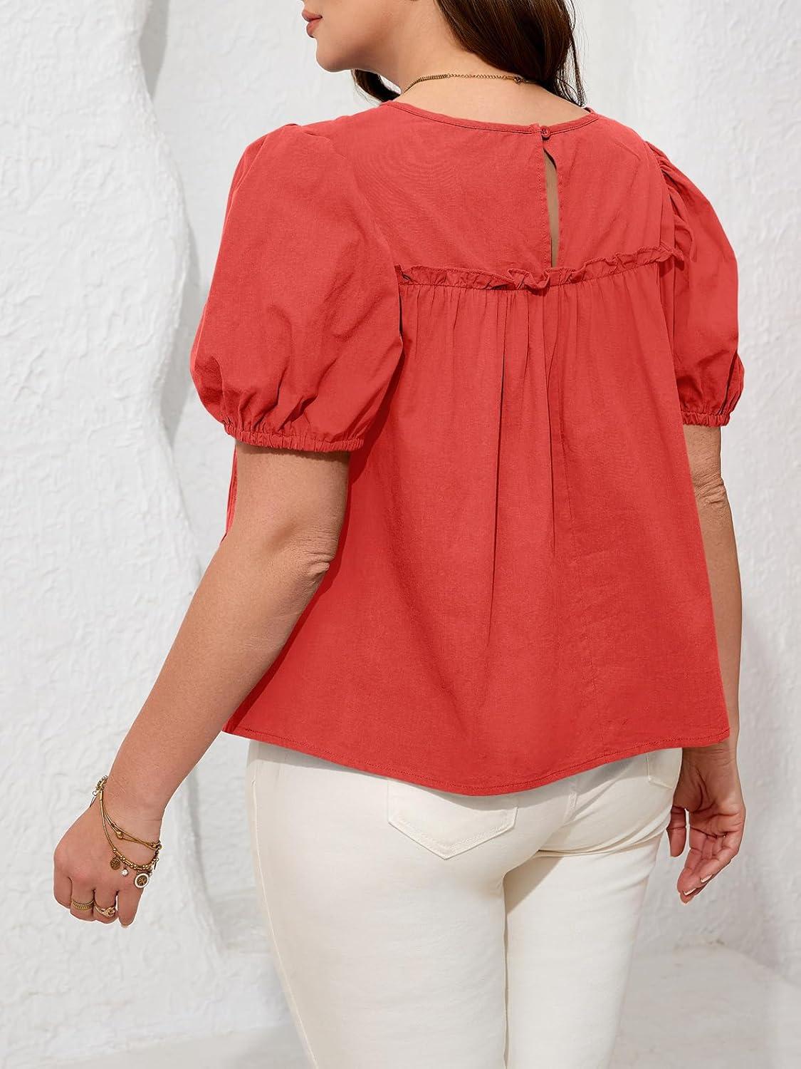 image:imageBeautife Womens Plus Size Peplum Babydoll Tops Puff Short Sleeve Smoked Pleated Crew Neck Flowy Cotton Blouse ShirtsRed