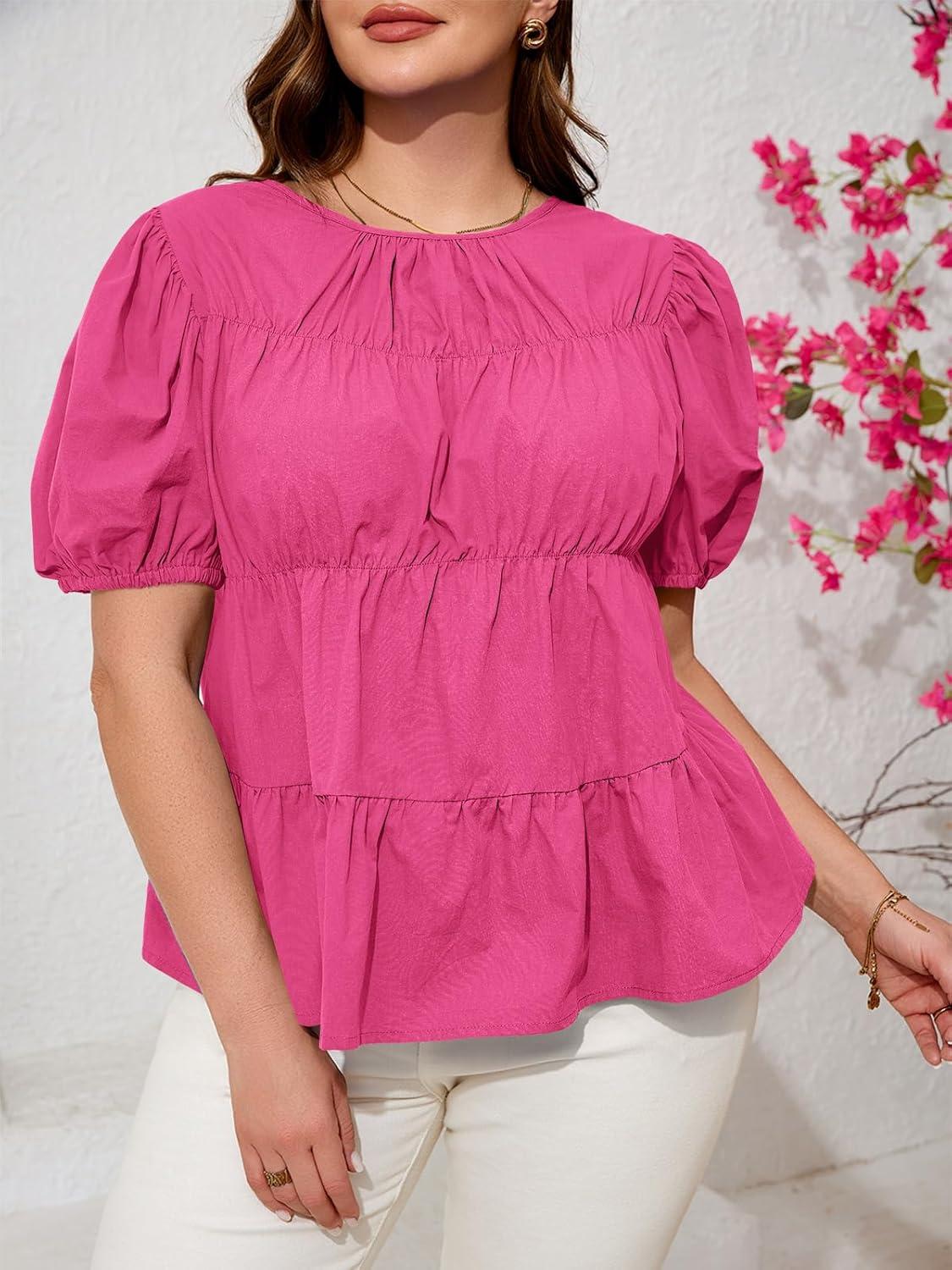 image:imageBeautife Womens Plus Size Peplum Babydoll Tops Puff Short Sleeve Smoked Pleated Crew Neck Flowy Cotton Blouse ShirtsRose Red