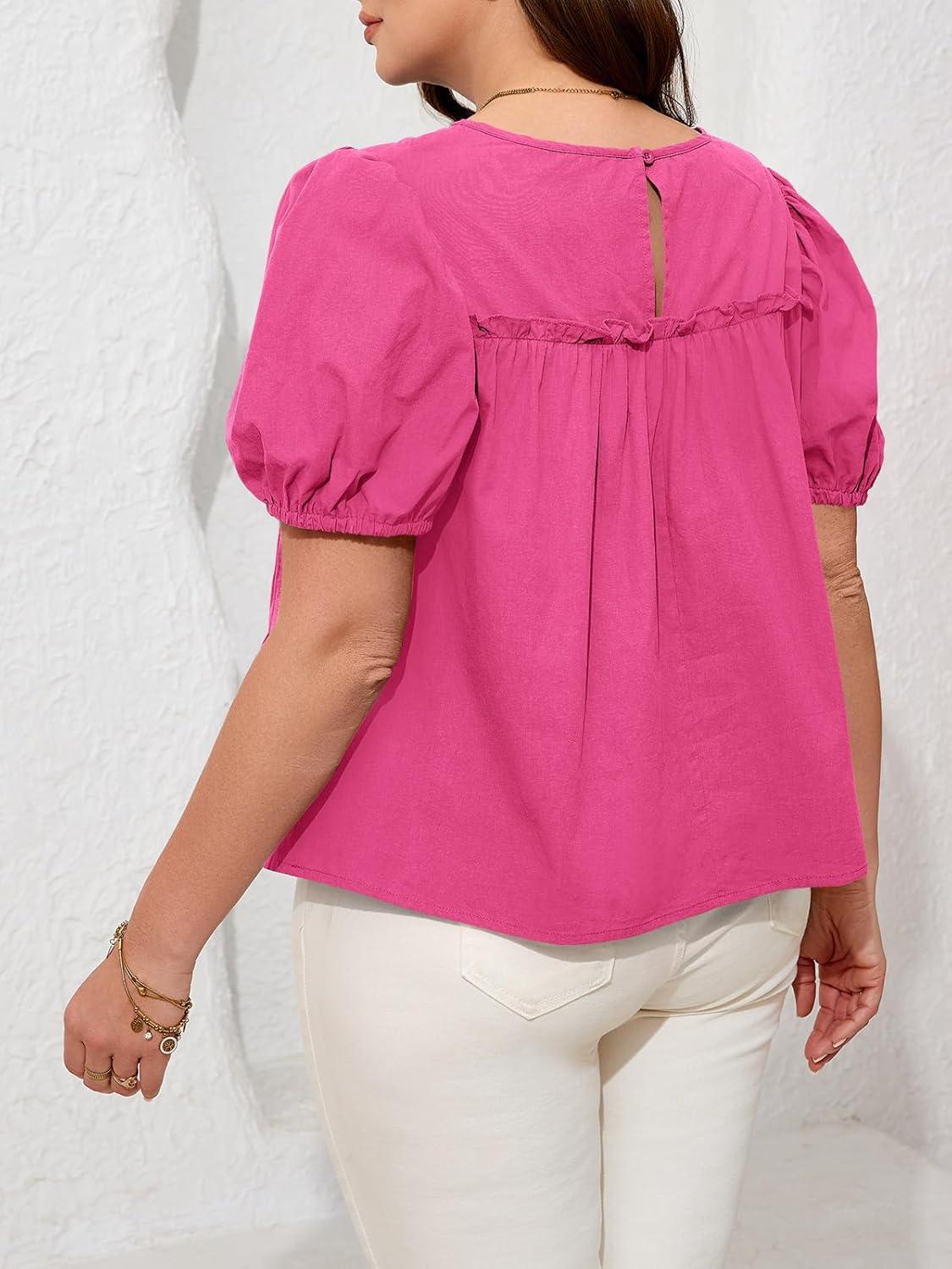image:imageBeautife Womens Plus Size Peplum Babydoll Tops Puff Short Sleeve Smoked Pleated Crew Neck Flowy Cotton Blouse ShirtsRose Red