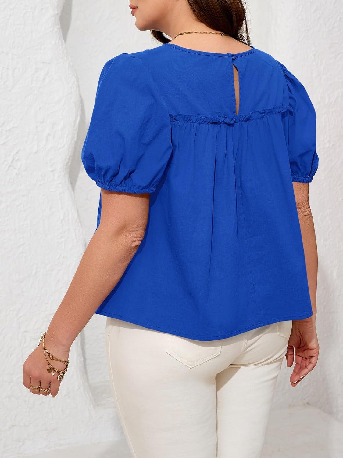 image:imageBeautife Womens Plus Size Peplum Babydoll Tops Puff Short Sleeve Smoked Pleated Crew Neck Flowy Cotton Blouse ShirtsRoyal Blue