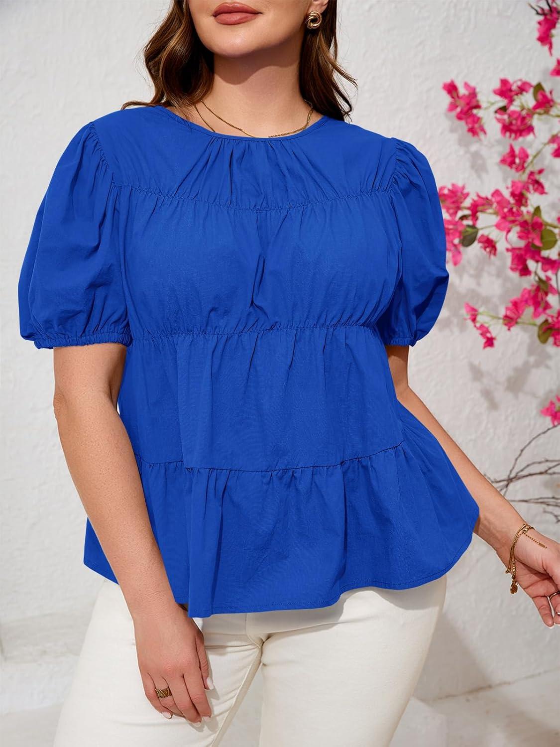 image:imageBeautife Womens Plus Size Peplum Babydoll Tops Puff Short Sleeve Smoked Pleated Crew Neck Flowy Cotton Blouse ShirtsRoyal Blue