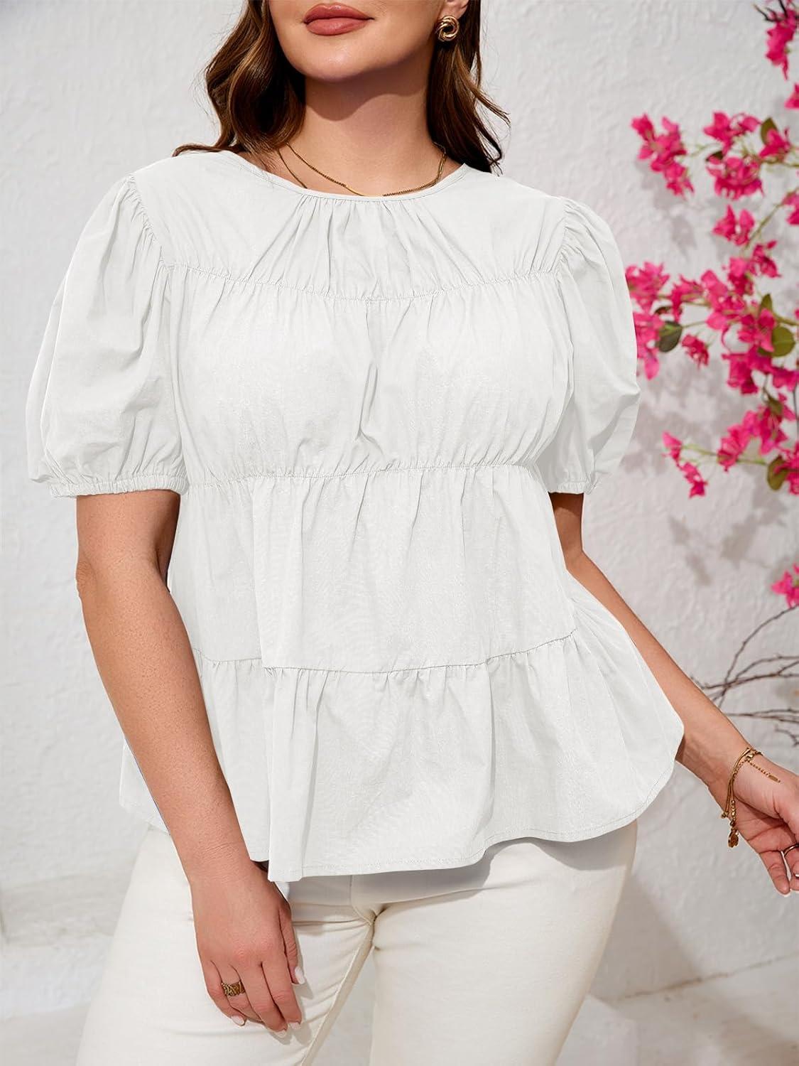 image:imageBeautife Womens Plus Size Peplum Babydoll Tops Puff Short Sleeve Smoked Pleated Crew Neck Flowy Cotton Blouse ShirtsWhite
