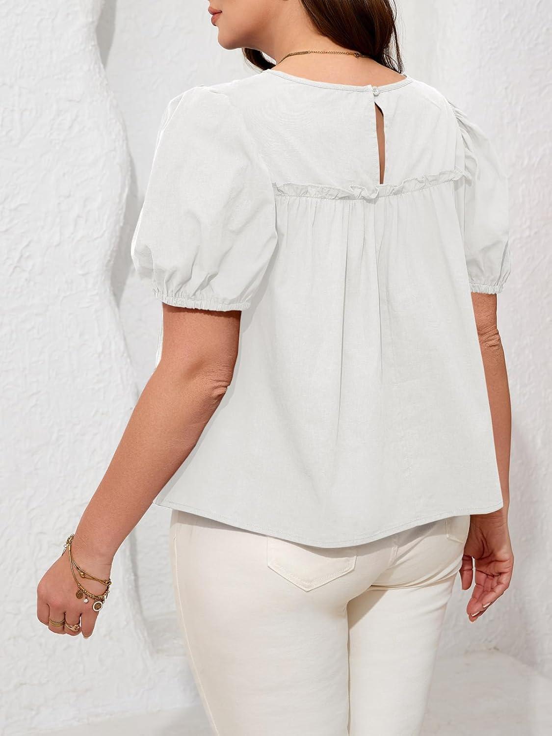image:imageBeautife Womens Plus Size Peplum Babydoll Tops Puff Short Sleeve Smoked Pleated Crew Neck Flowy Cotton Blouse ShirtsWhite