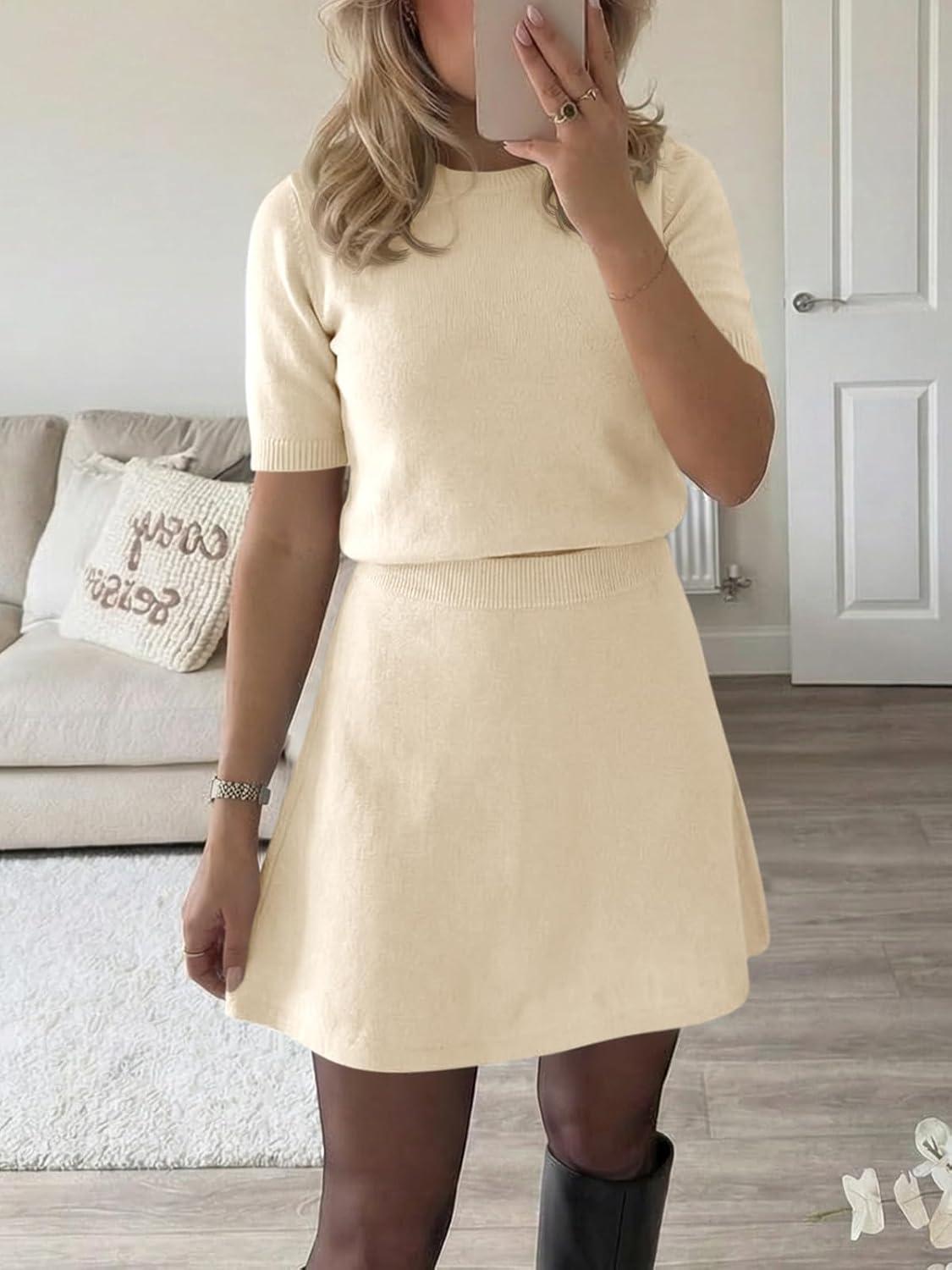image:imageSaodimallsu Womens 2 Piece Skirt Set Short Sleeve Crew Neck Sweaters A Line Mini Skirts Knit Lounge Sweater SetsBeige