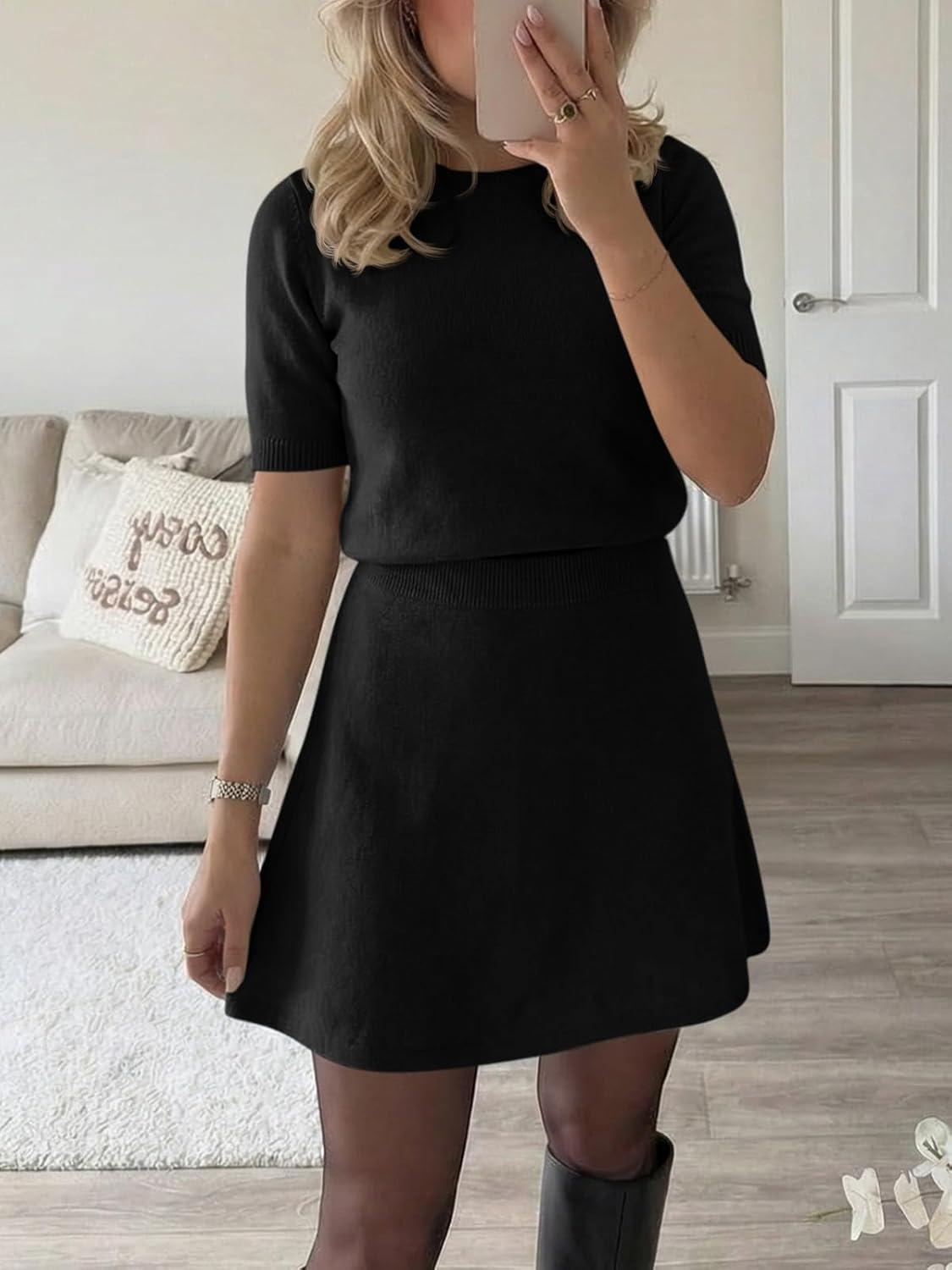 image:imageSaodimallsu Womens 2 Piece Skirt Set Short Sleeve Crew Neck Sweaters A Line Mini Skirts Knit Lounge Sweater SetsBlack