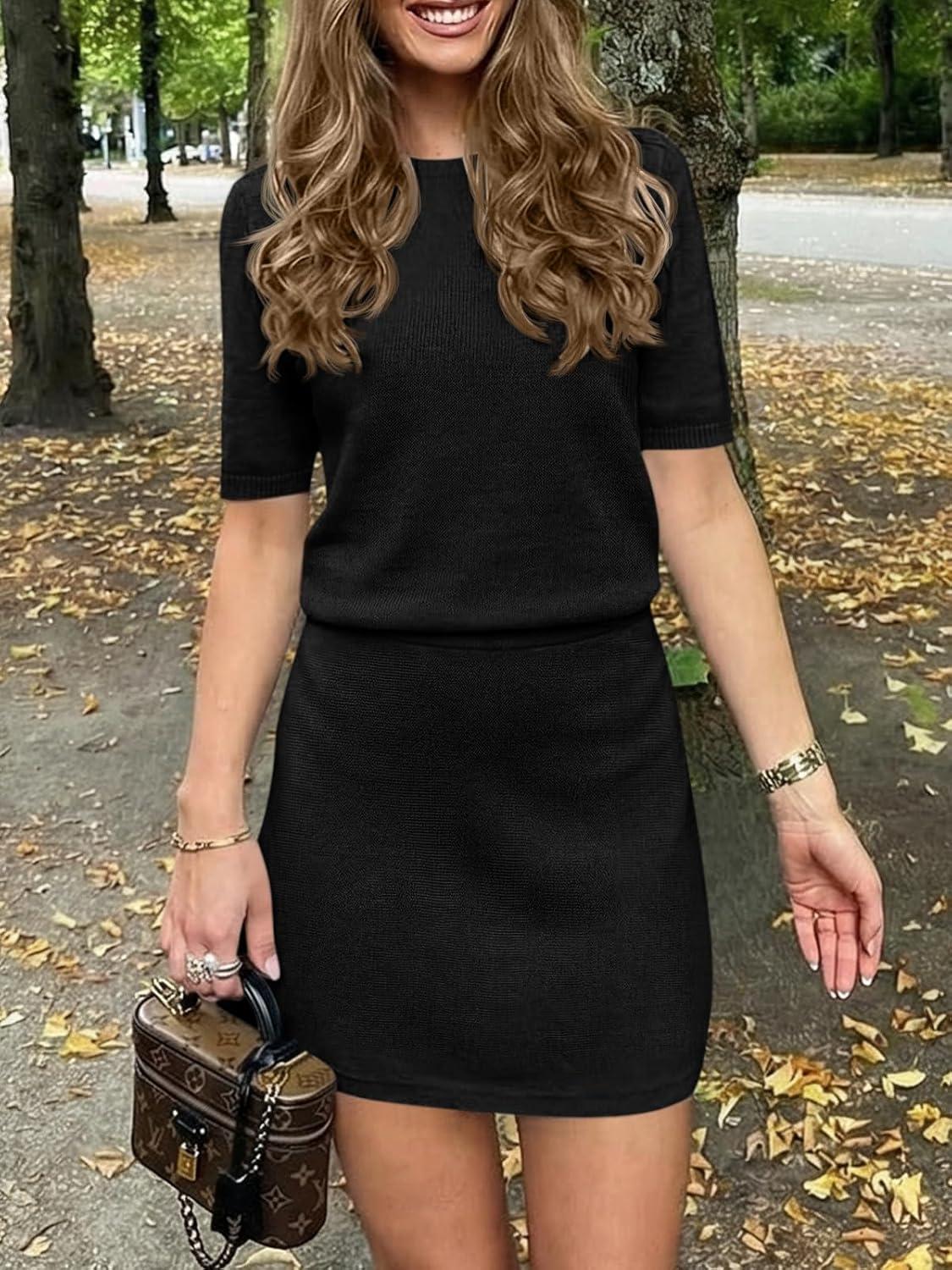 image:imageSaodimallsu Womens 2 Piece Skirt Set Short Sleeve Crew Neck Sweaters A Line Mini Skirts Knit Lounge Sweater SetsBlack