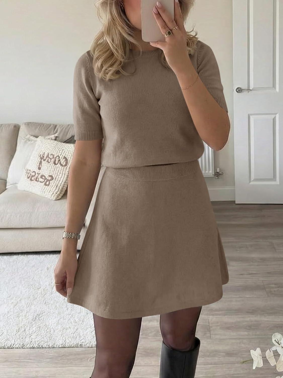 image:imageSaodimallsu Womens 2 Piece Skirt Set Short Sleeve Crew Neck Sweaters A Line Mini Skirts Knit Lounge Sweater SetsCoffee