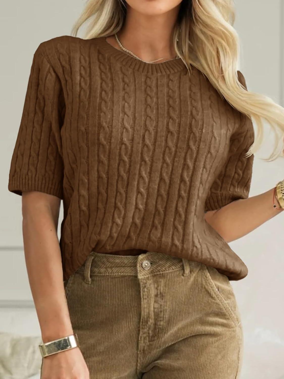 image:imageSaodimallsu Womens Cable Knit Sweater Tops Short Sleeve Crew Neck Loose Casual Summer Pullover SweatersCoffee