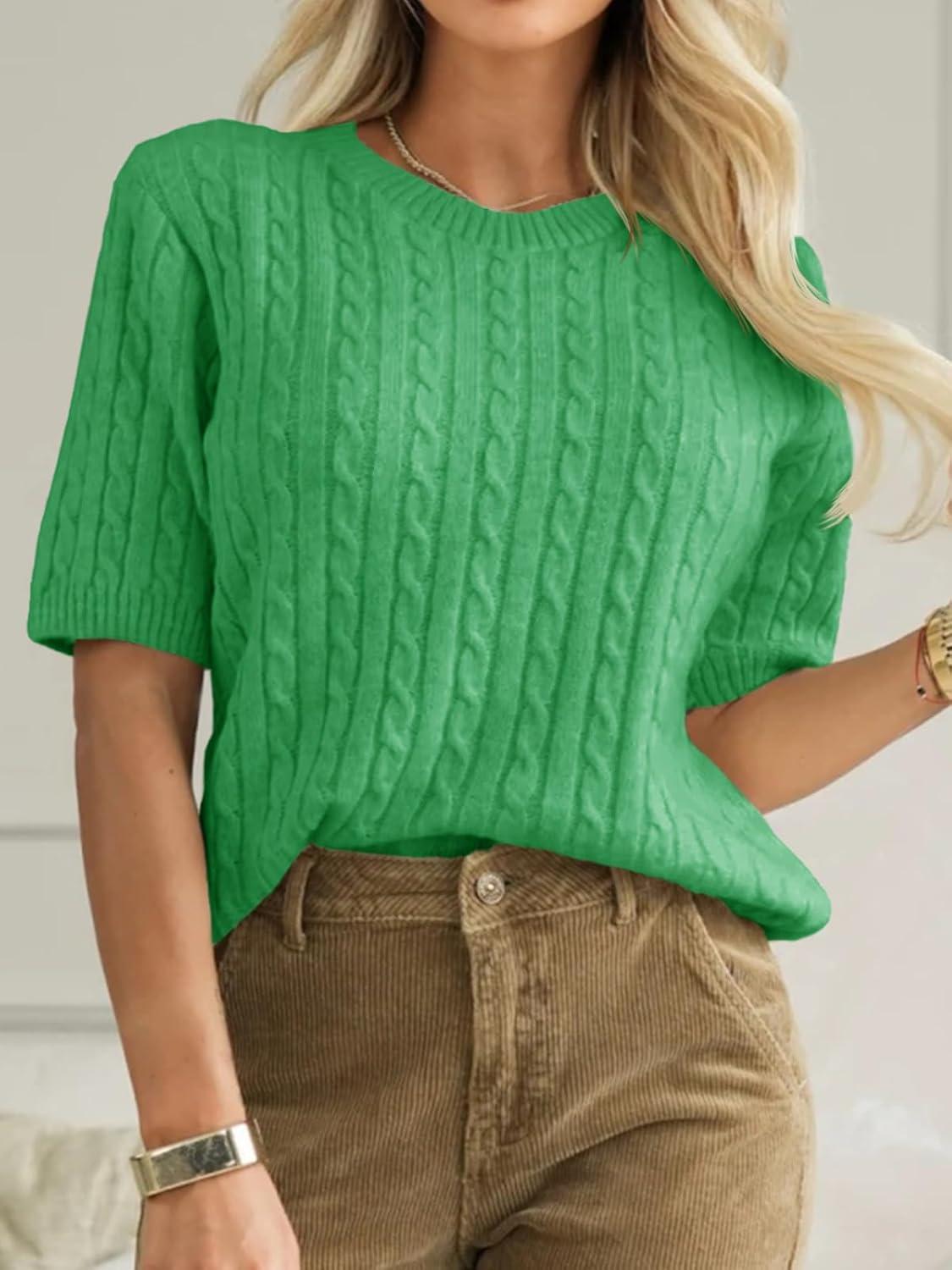 image:imageSaodimallsu Womens Cable Knit Sweater Tops Short Sleeve Crew Neck Loose Casual Summer Pullover SweatersGreen
