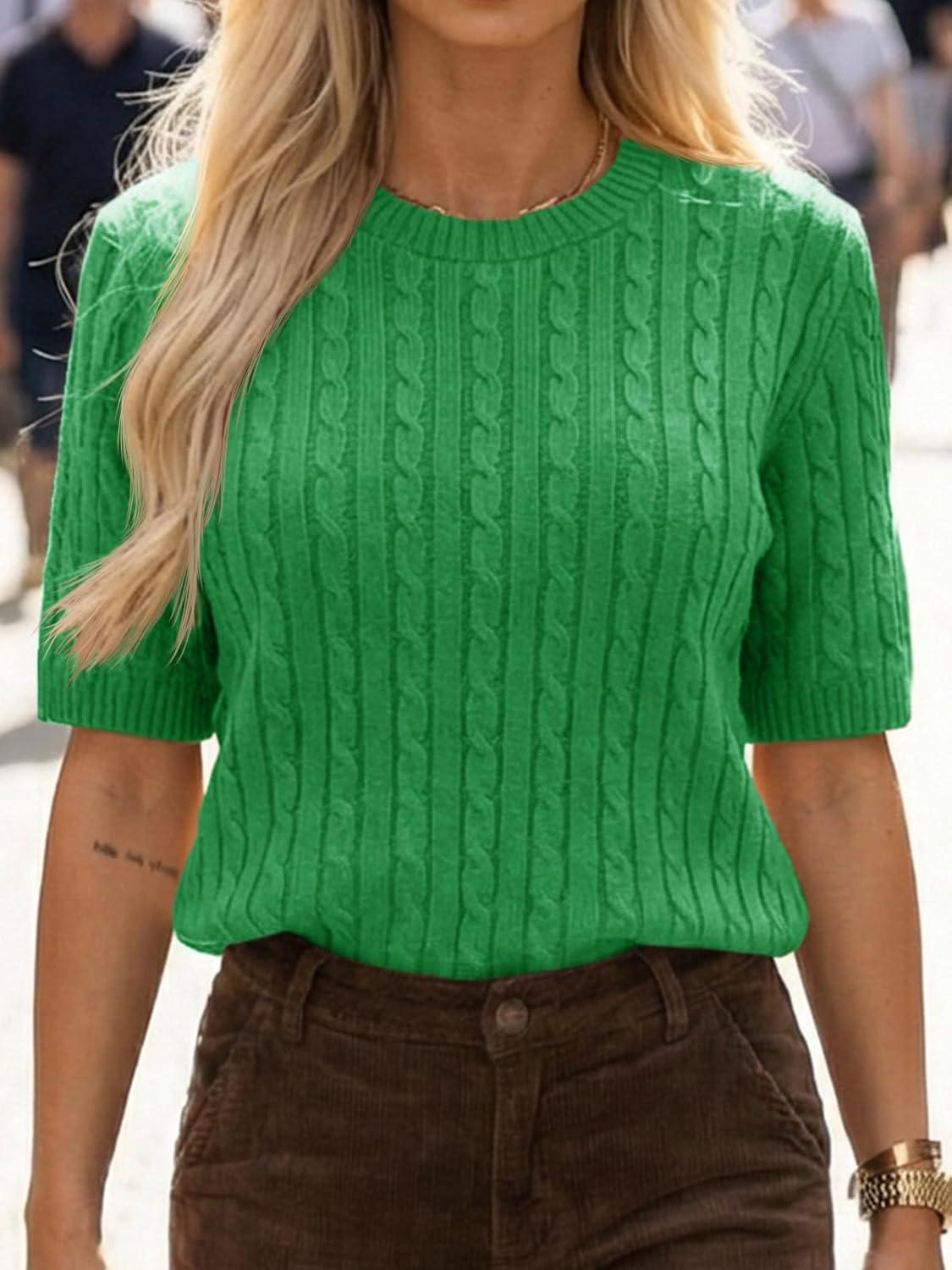 image:imageSaodimallsu Womens Cable Knit Sweater Tops Short Sleeve Crew Neck Loose Casual Summer Pullover SweatersGreen