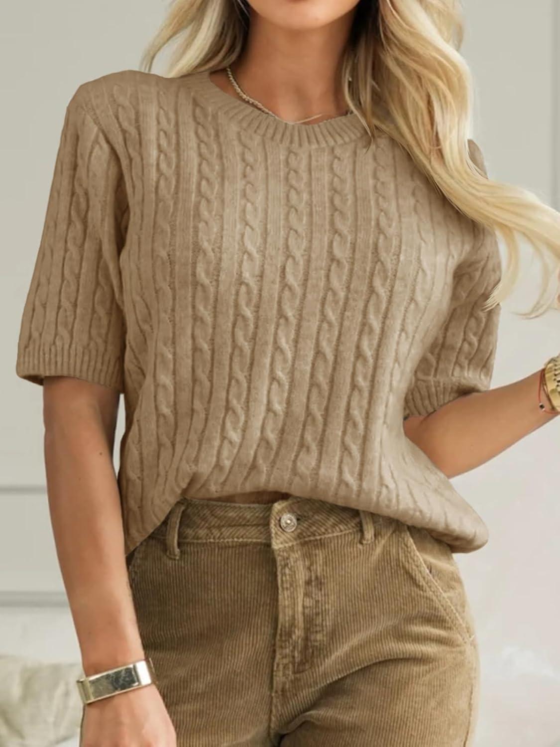 image:imageSaodimallsu Womens Cable Knit Sweater Tops Short Sleeve Crew Neck Loose Casual Summer Pullover SweatersKhaki