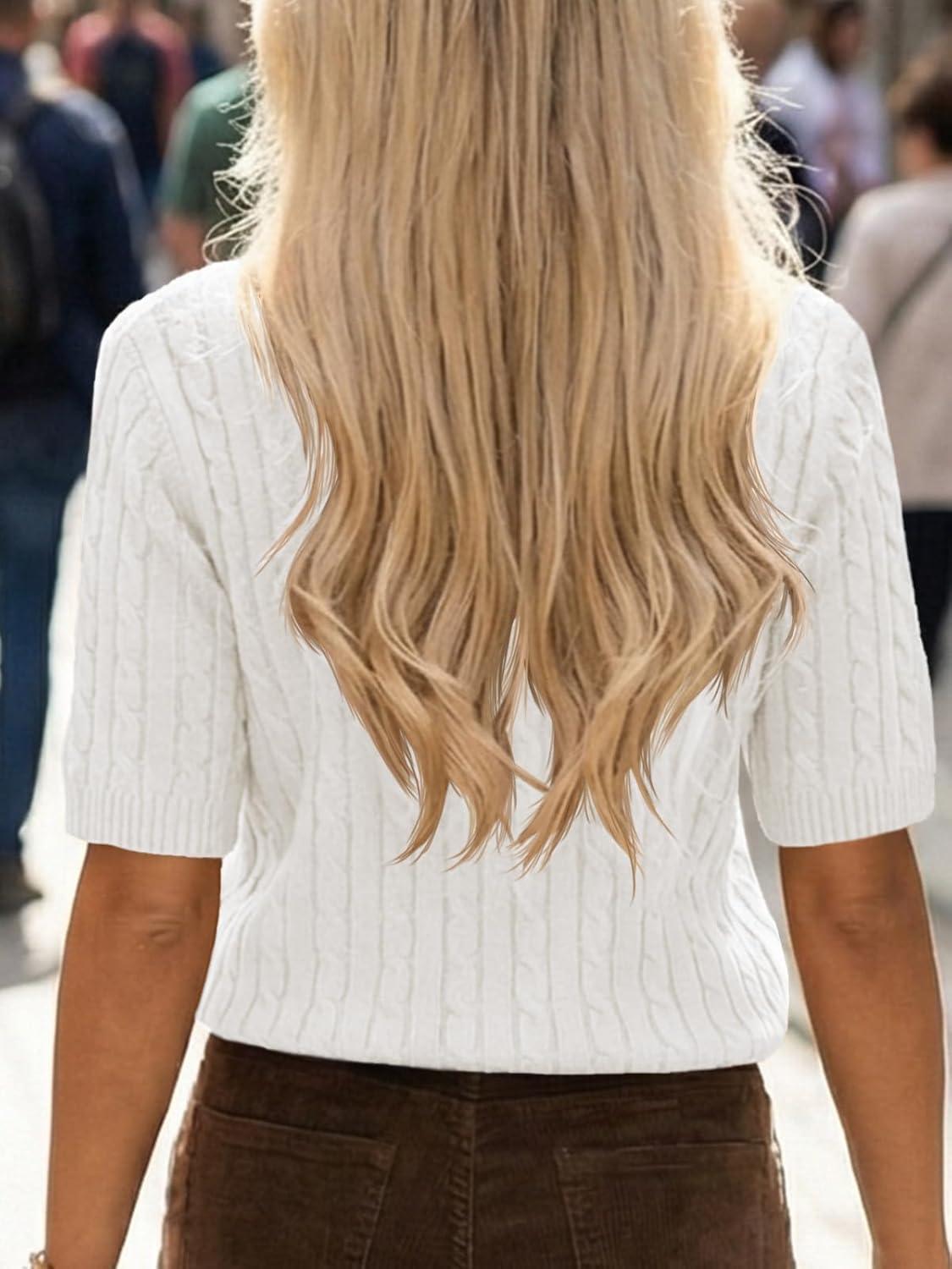 image:imageSaodimallsu Womens Cable Knit Sweater Tops Short Sleeve Crew Neck Loose Casual Summer Pullover SweatersWhite
