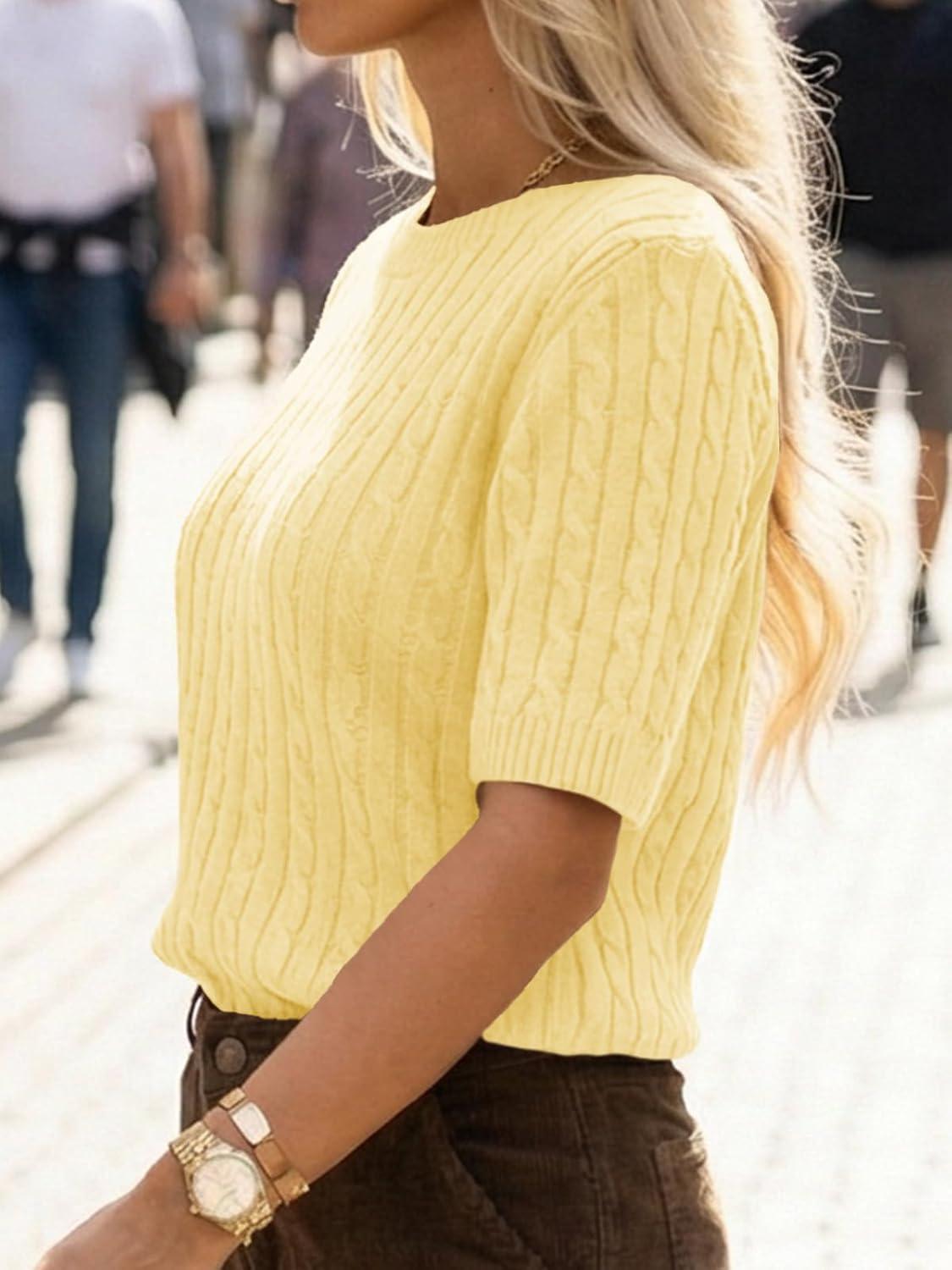 image:imageSaodimallsu Womens Cable Knit Sweater Tops Short Sleeve Crew Neck Loose Casual Summer Pullover SweatersYellow