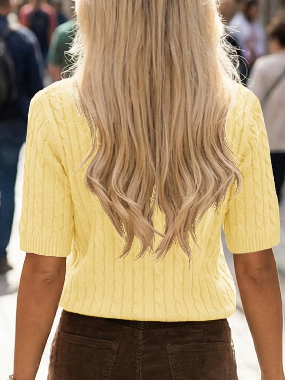 image:imageSaodimallsu Womens Cable Knit Sweater Tops Short Sleeve Crew Neck Loose Casual Summer Pullover SweatersYellow