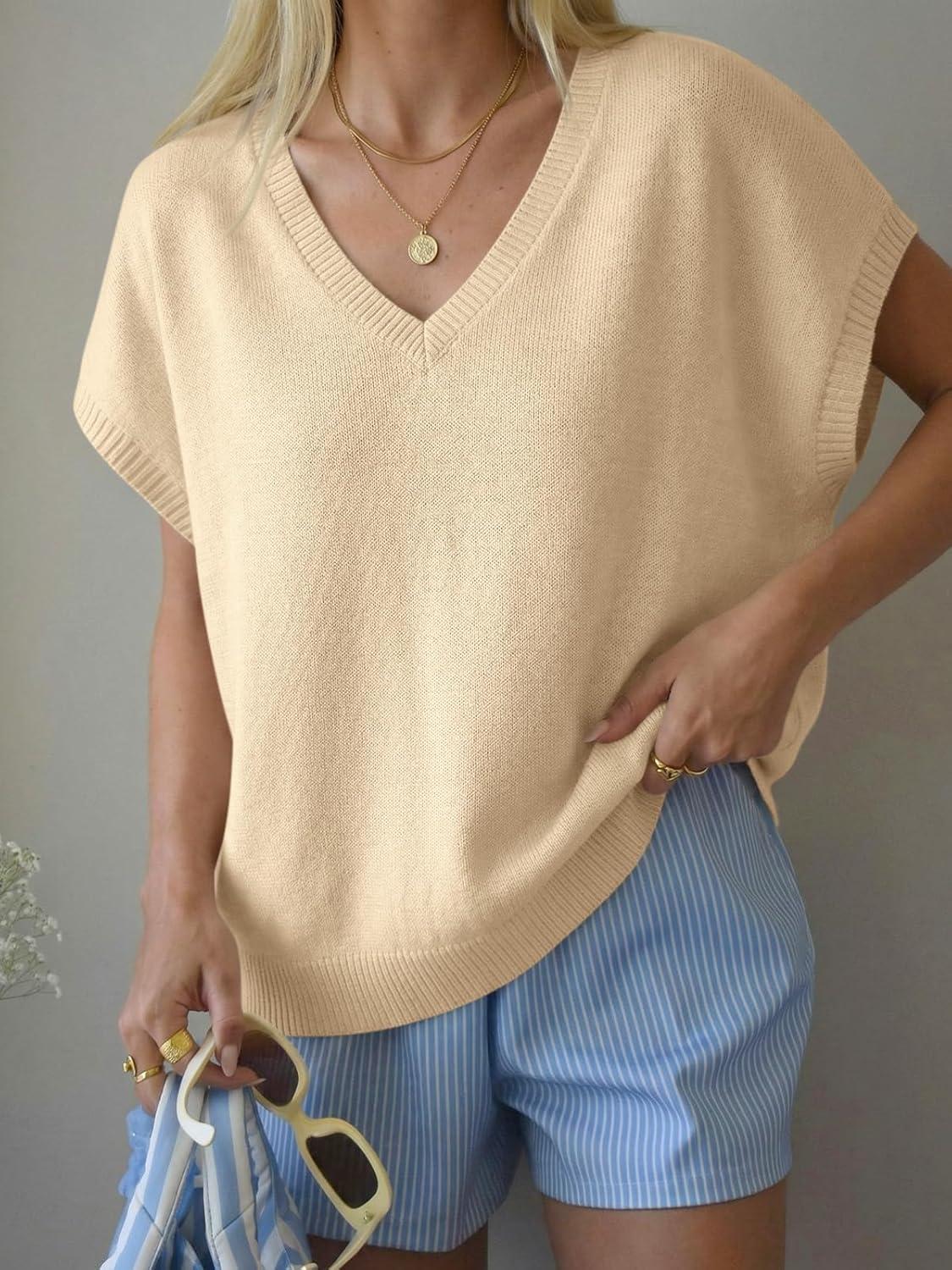 image:imageSaodimallsu Womens Oversized Sweaters Batwing Short Sleeve Lightweight V Neck Casual Summer Knit Pullover TopsApricot