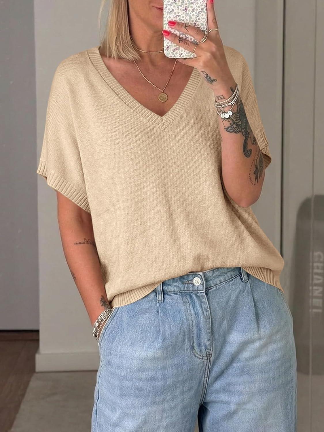 image:imageSaodimallsu Womens Oversized Sweaters Batwing Short Sleeve Lightweight V Neck Casual Summer Knit Pullover TopsApricot