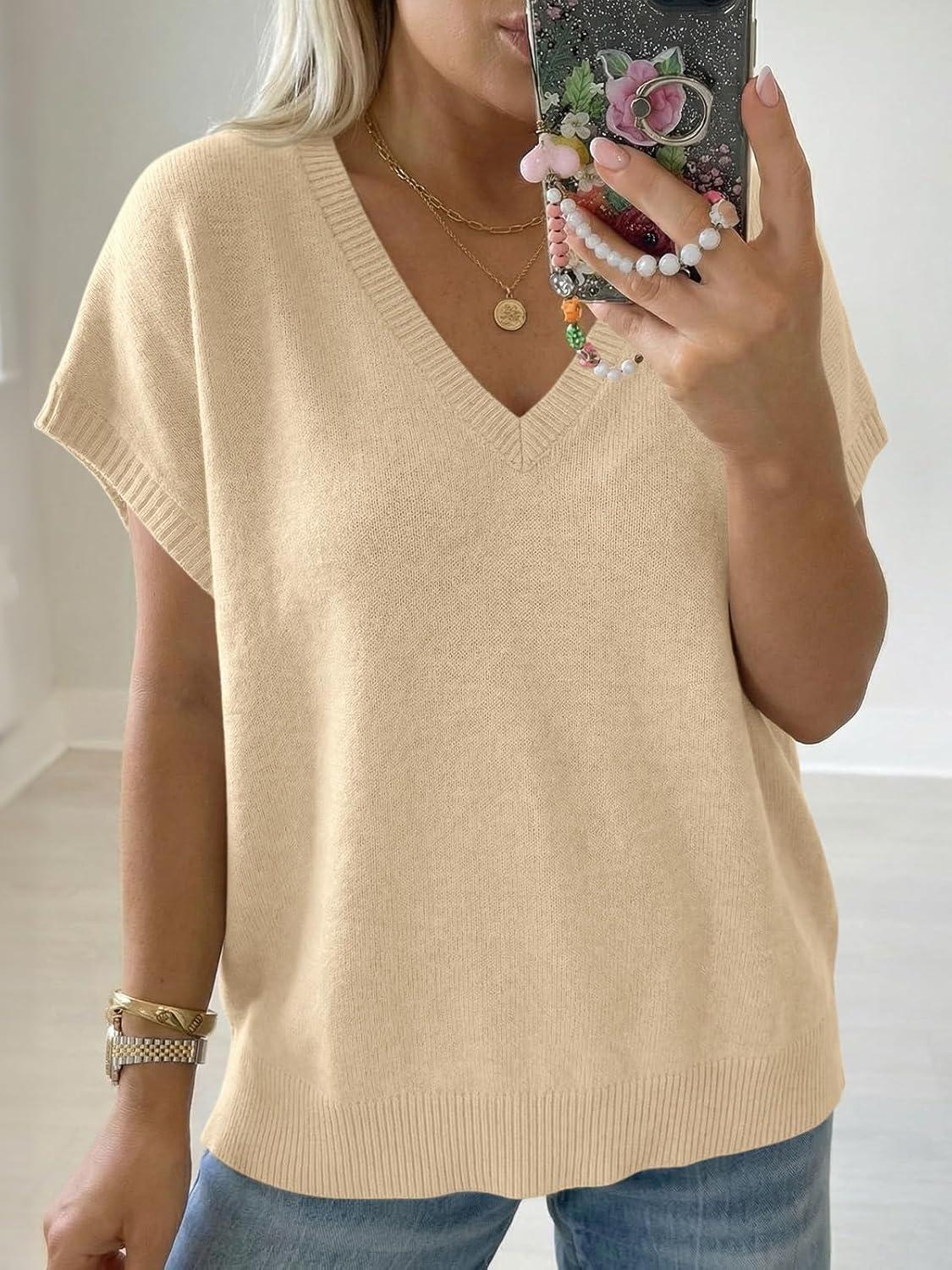 image:imageSaodimallsu Womens Oversized Sweaters Batwing Short Sleeve Lightweight V Neck Casual Summer Knit Pullover TopsApricot
