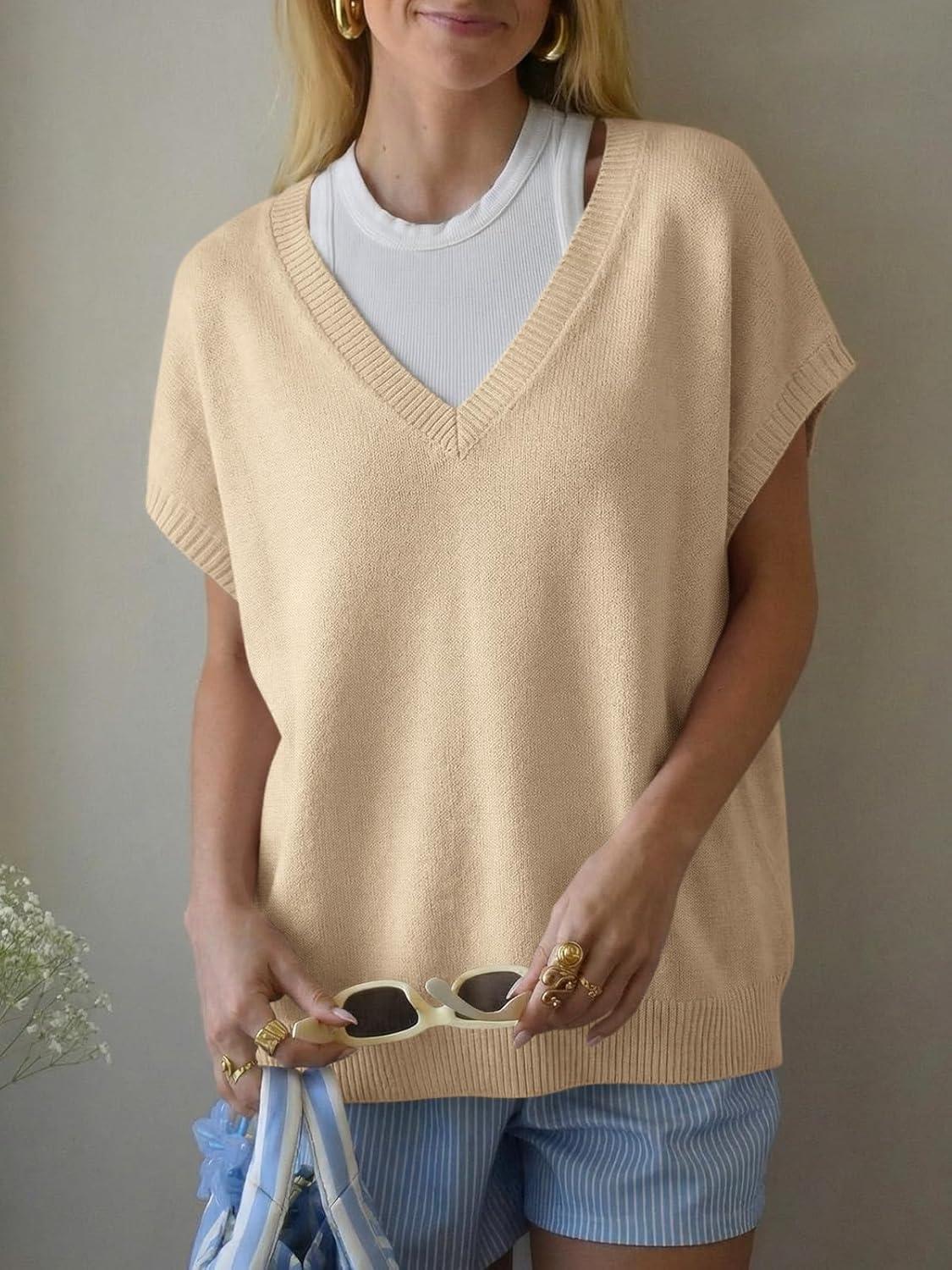 image:imageSaodimallsu Womens Oversized Sweaters Batwing Short Sleeve Lightweight V Neck Casual Summer Knit Pullover TopsApricot