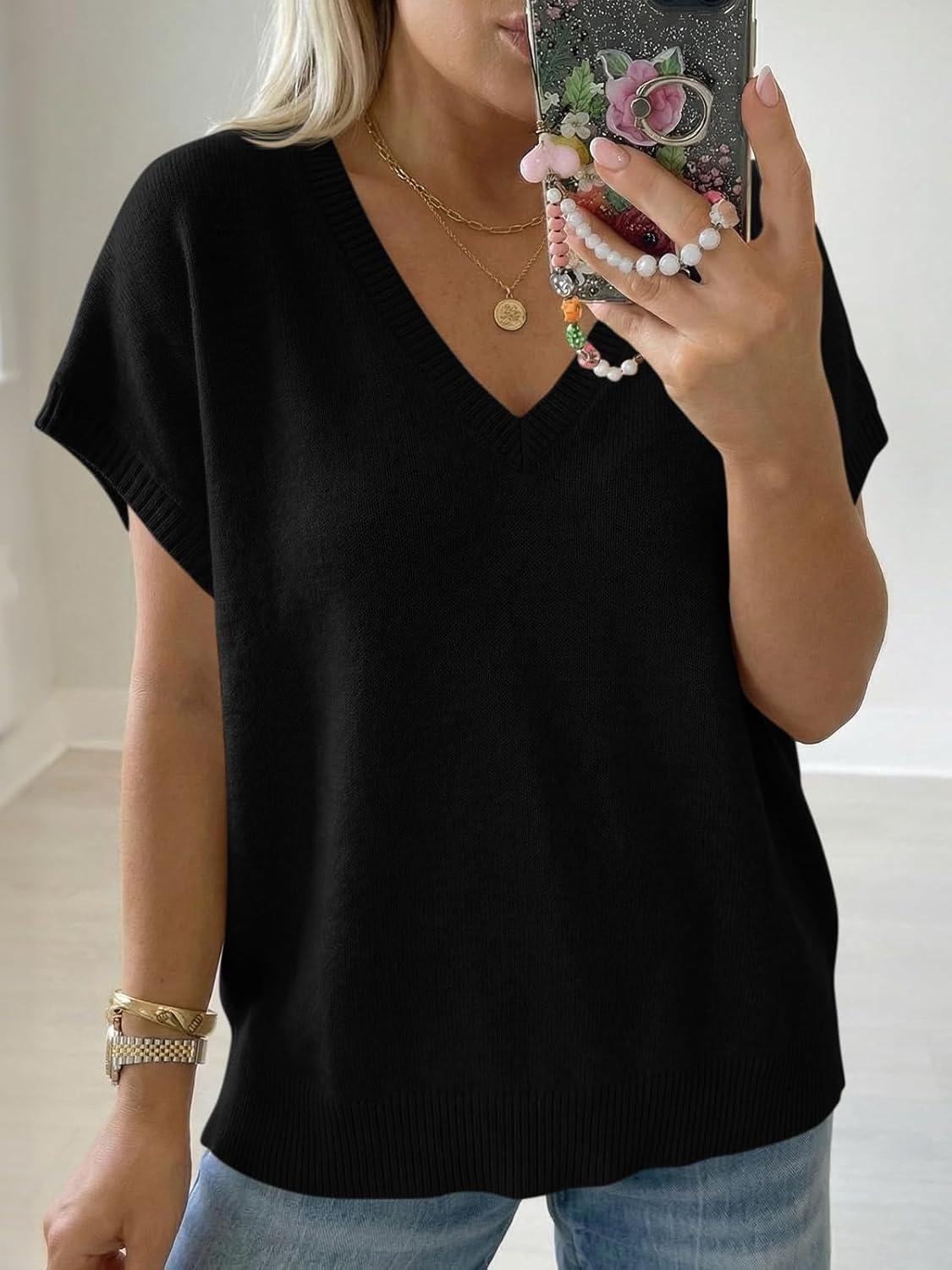 image:imageSaodimallsu Womens Oversized Sweaters Batwing Short Sleeve Lightweight V Neck Casual Summer Knit Pullover TopsBlack