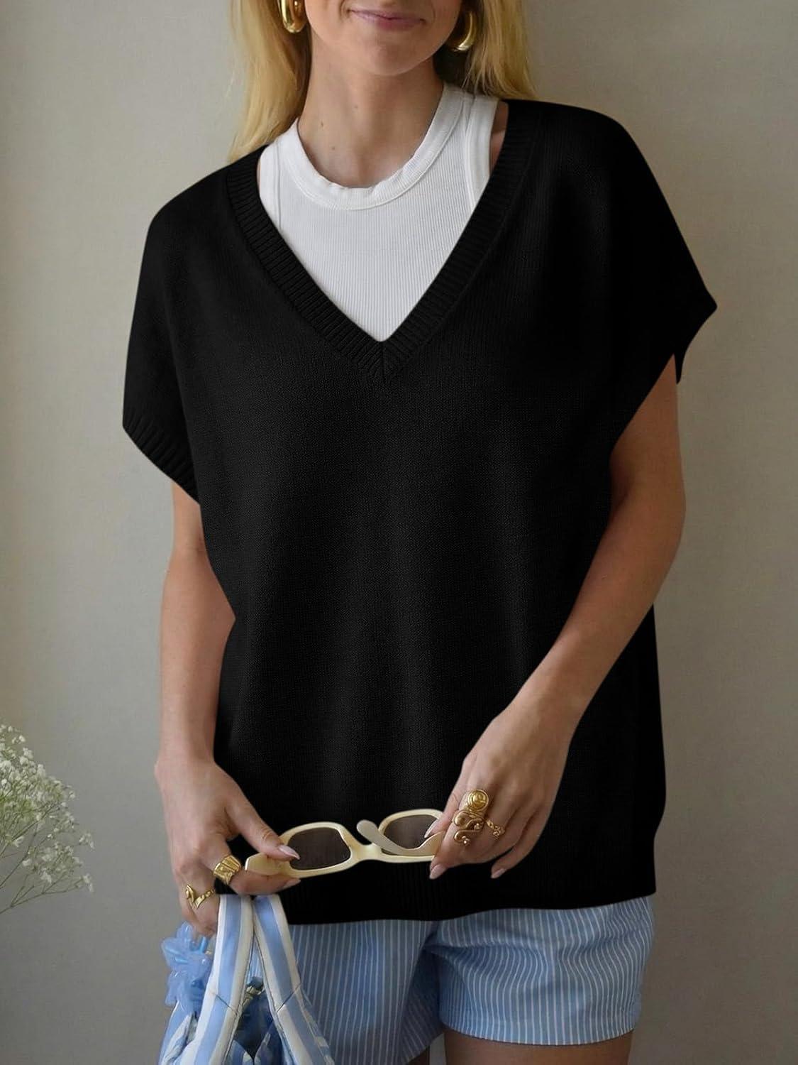 image:imageSaodimallsu Womens Oversized Sweaters Batwing Short Sleeve Lightweight V Neck Casual Summer Knit Pullover TopsBlack