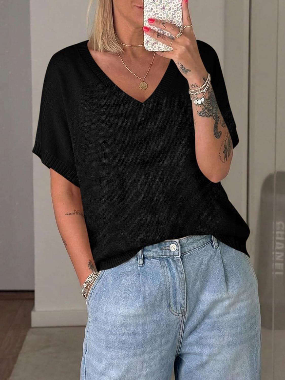 image:imageSaodimallsu Womens Oversized Sweaters Batwing Short Sleeve Lightweight V Neck Casual Summer Knit Pullover TopsBlack