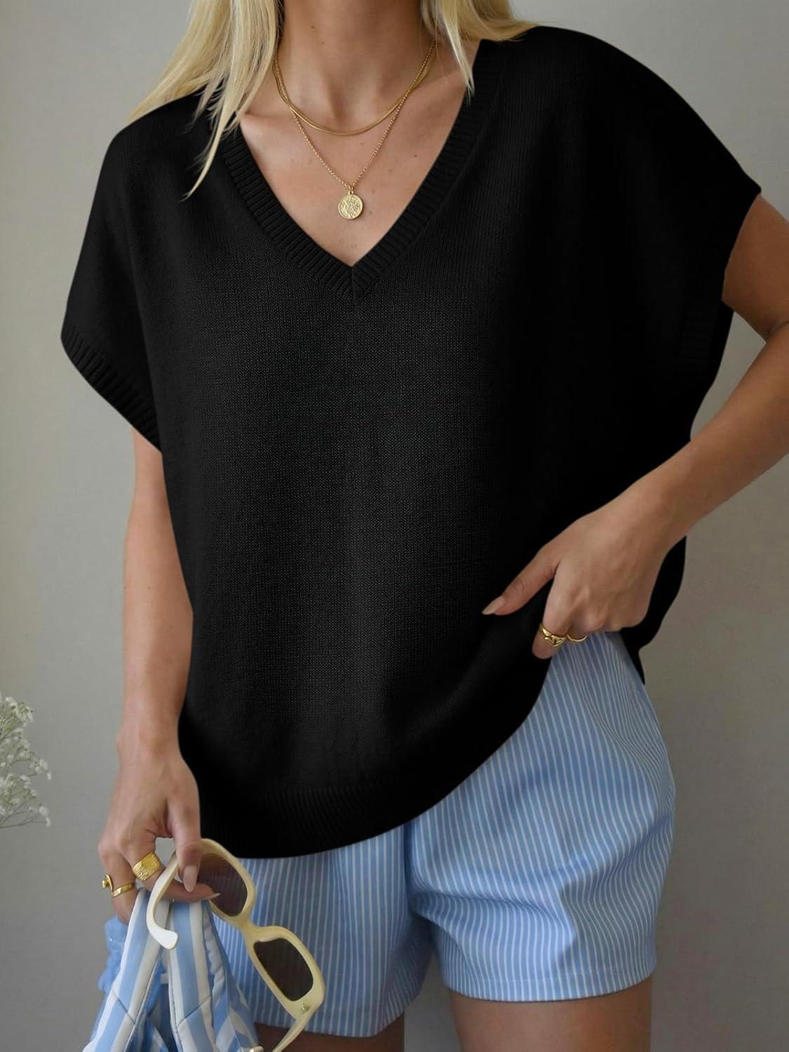 image:imageSaodimallsu Womens Oversized Sweaters Batwing Short Sleeve Lightweight V Neck Casual Summer Knit Pullover TopsBlack