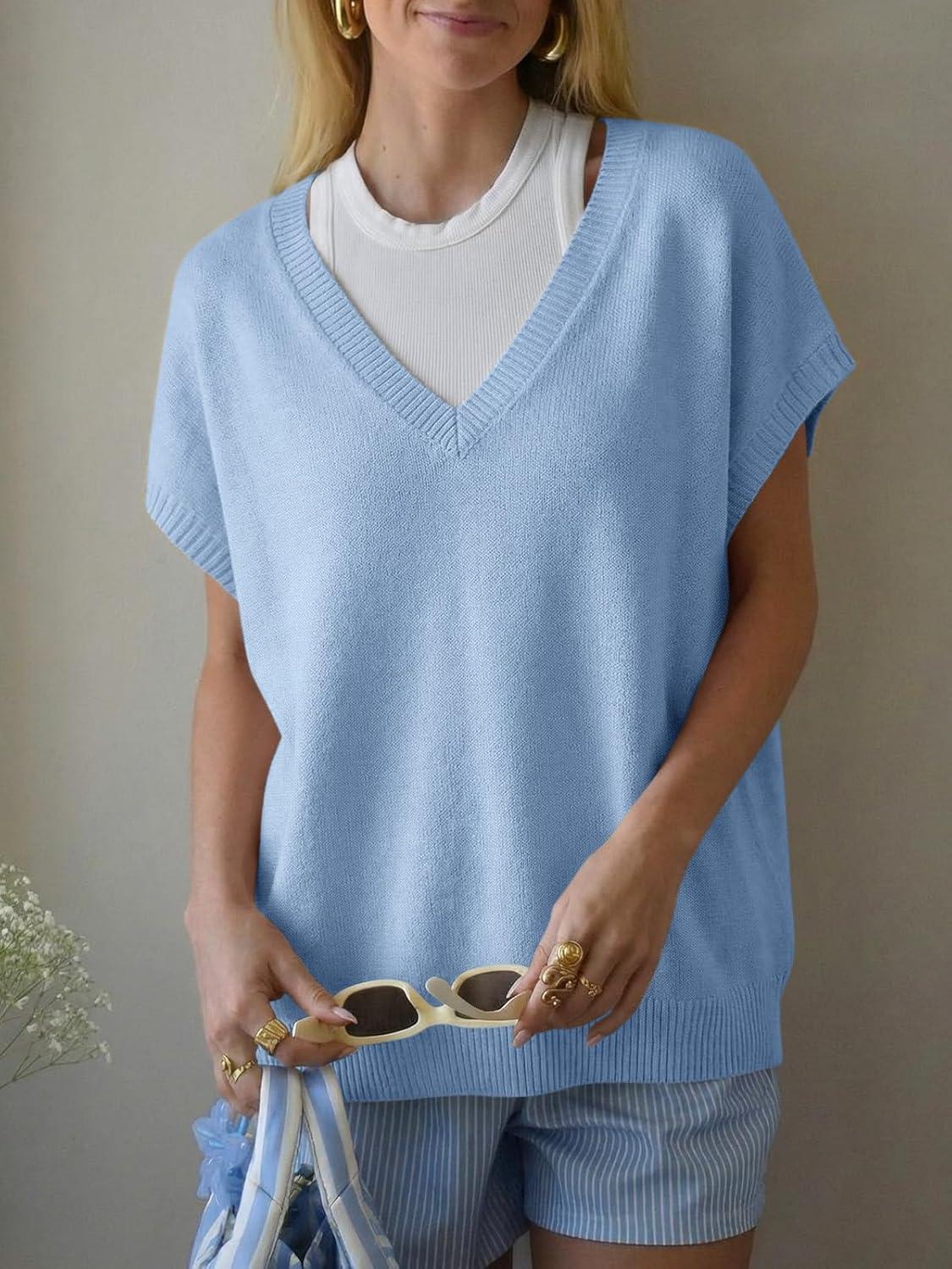 image:imageSaodimallsu Womens Oversized Sweaters Batwing Short Sleeve Lightweight V Neck Casual Summer Knit Pullover TopsBlue