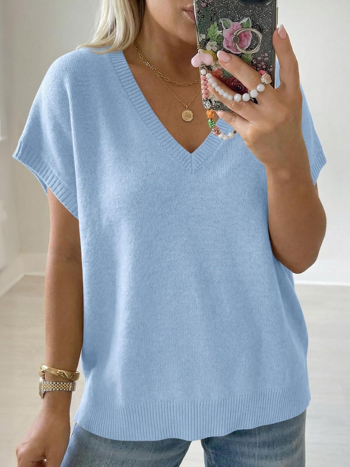 image:imageSaodimallsu Womens Oversized Sweaters Batwing Short Sleeve Lightweight V Neck Casual Summer Knit Pullover TopsBlue