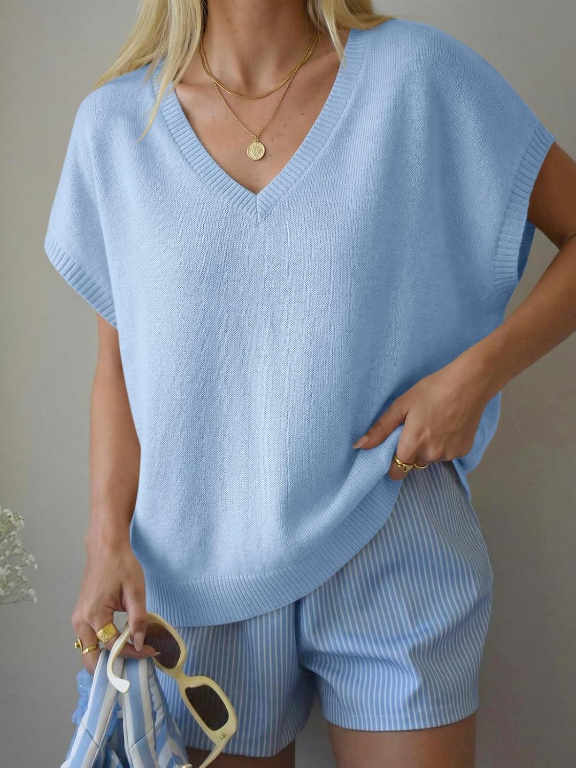 image:imageSaodimallsu Womens Oversized Sweaters Batwing Short Sleeve Lightweight V Neck Casual Summer Knit Pullover TopsBlue
