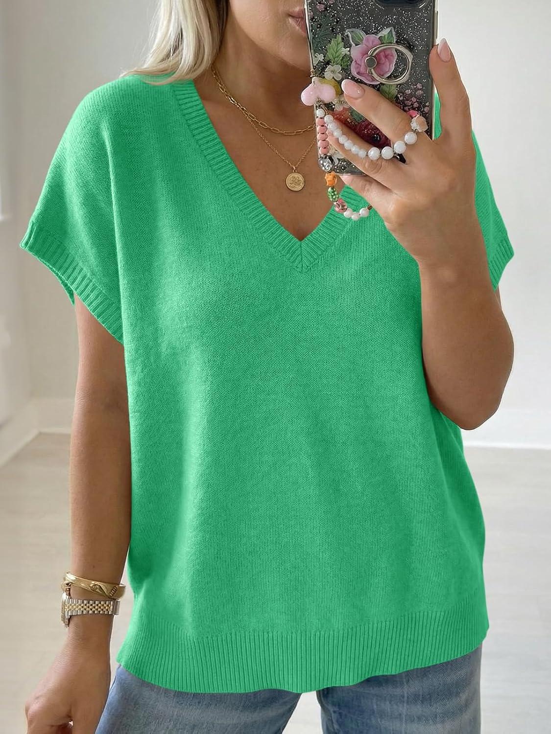 image:imageSaodimallsu Womens Oversized Sweaters Batwing Short Sleeve Lightweight V Neck Casual Summer Knit Pullover TopsGreen