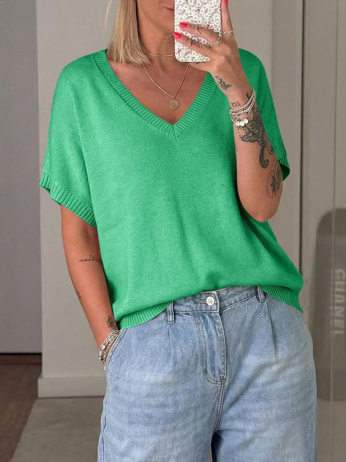 image:imageSaodimallsu Womens Oversized Sweaters Batwing Short Sleeve Lightweight V Neck Casual Summer Knit Pullover TopsGreen