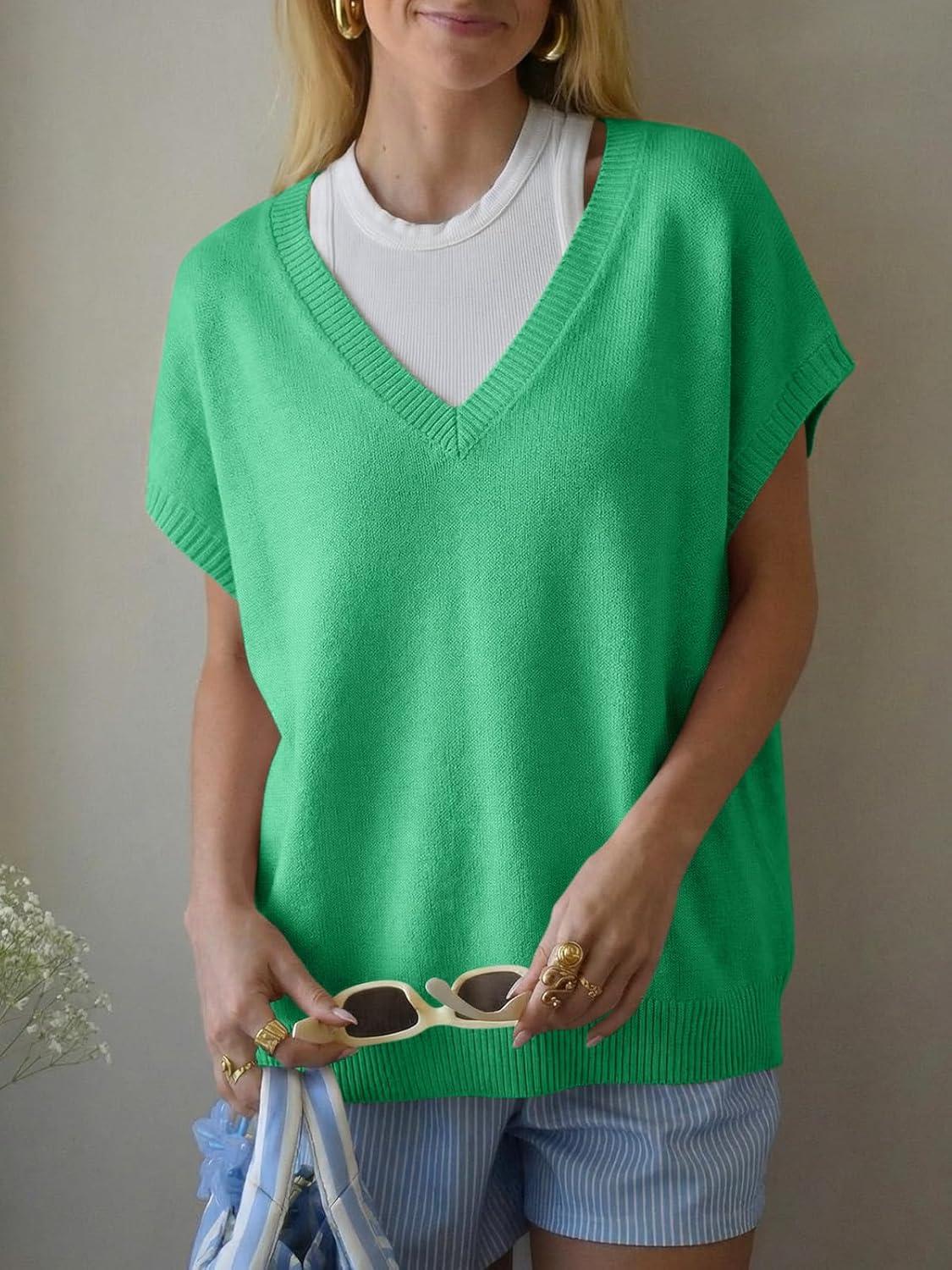 image:imageSaodimallsu Womens Oversized Sweaters Batwing Short Sleeve Lightweight V Neck Casual Summer Knit Pullover TopsGreen