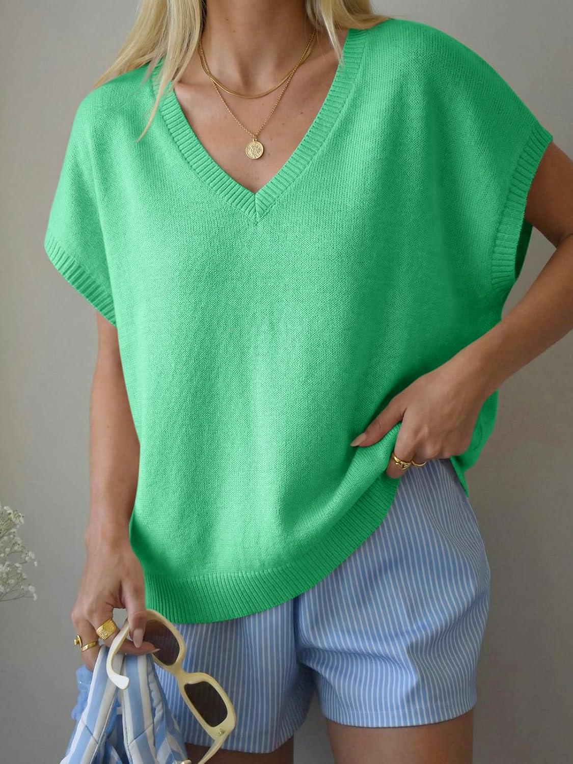 image:imageSaodimallsu Womens Oversized Sweaters Batwing Short Sleeve Lightweight V Neck Casual Summer Knit Pullover TopsGreen