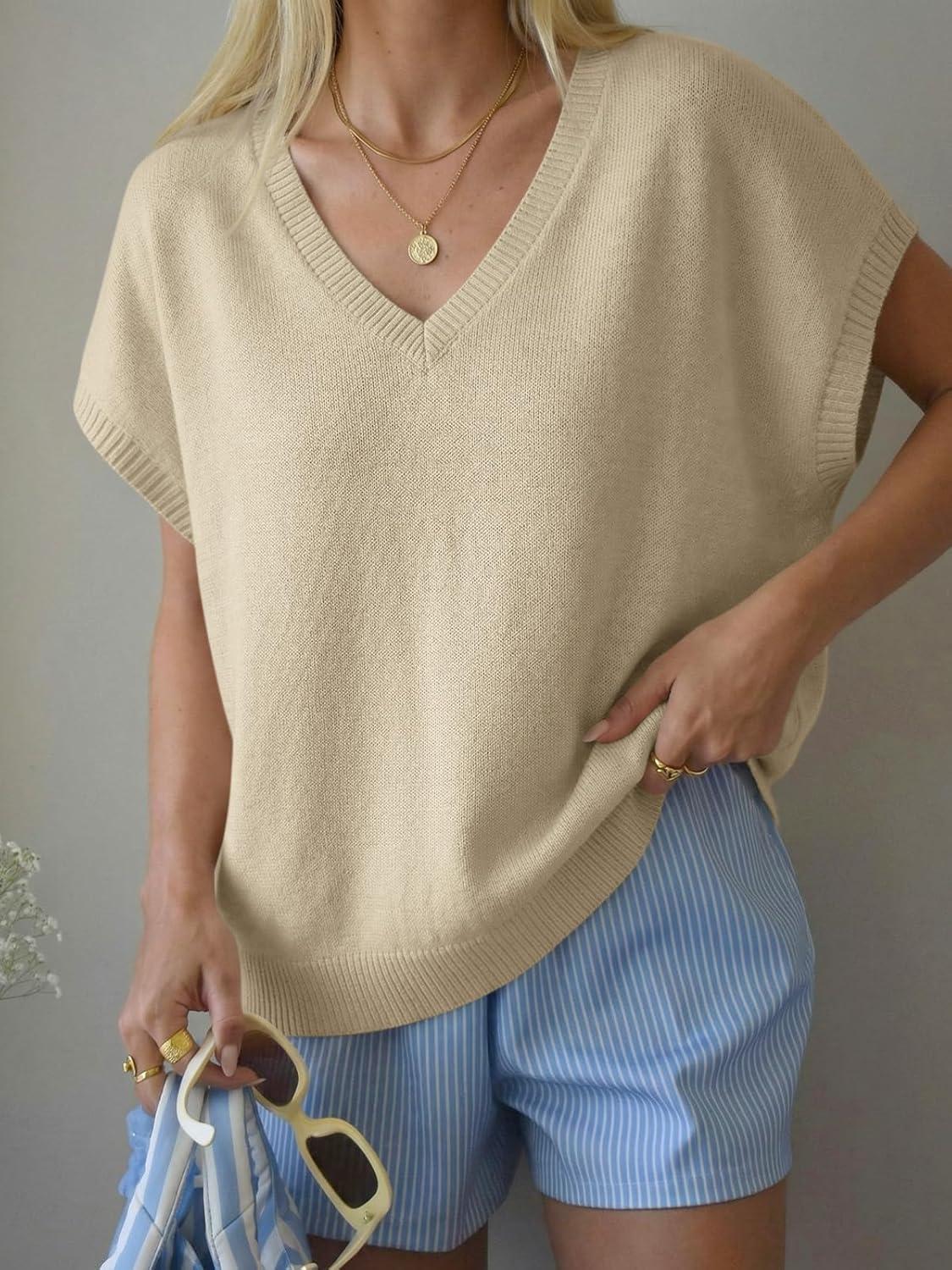 image:imageSaodimallsu Womens Oversized Sweaters Batwing Short Sleeve Lightweight V Neck Casual Summer Knit Pullover TopsKhaki