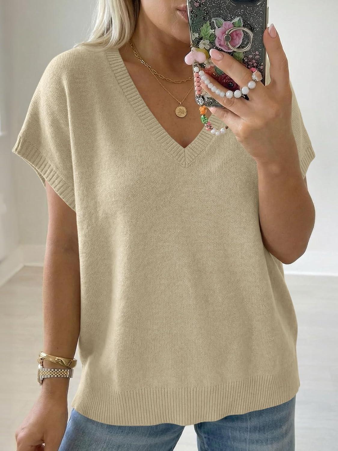 image:imageSaodimallsu Womens Oversized Sweaters Batwing Short Sleeve Lightweight V Neck Casual Summer Knit Pullover TopsKhaki