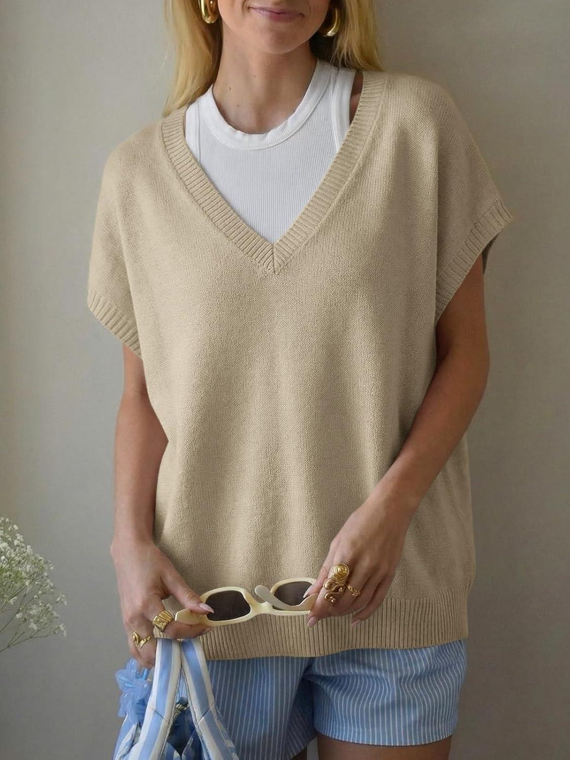 image:imageSaodimallsu Womens Oversized Sweaters Batwing Short Sleeve Lightweight V Neck Casual Summer Knit Pullover TopsKhaki