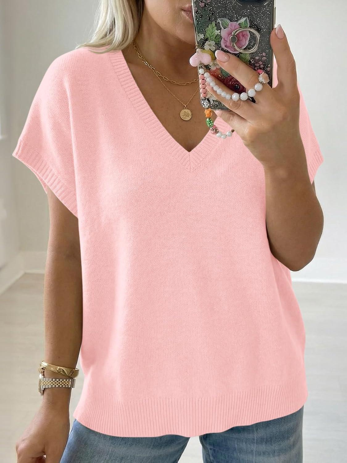 image:imageSaodimallsu Womens Oversized Sweaters Batwing Short Sleeve Lightweight V Neck Casual Summer Knit Pullover TopsPink